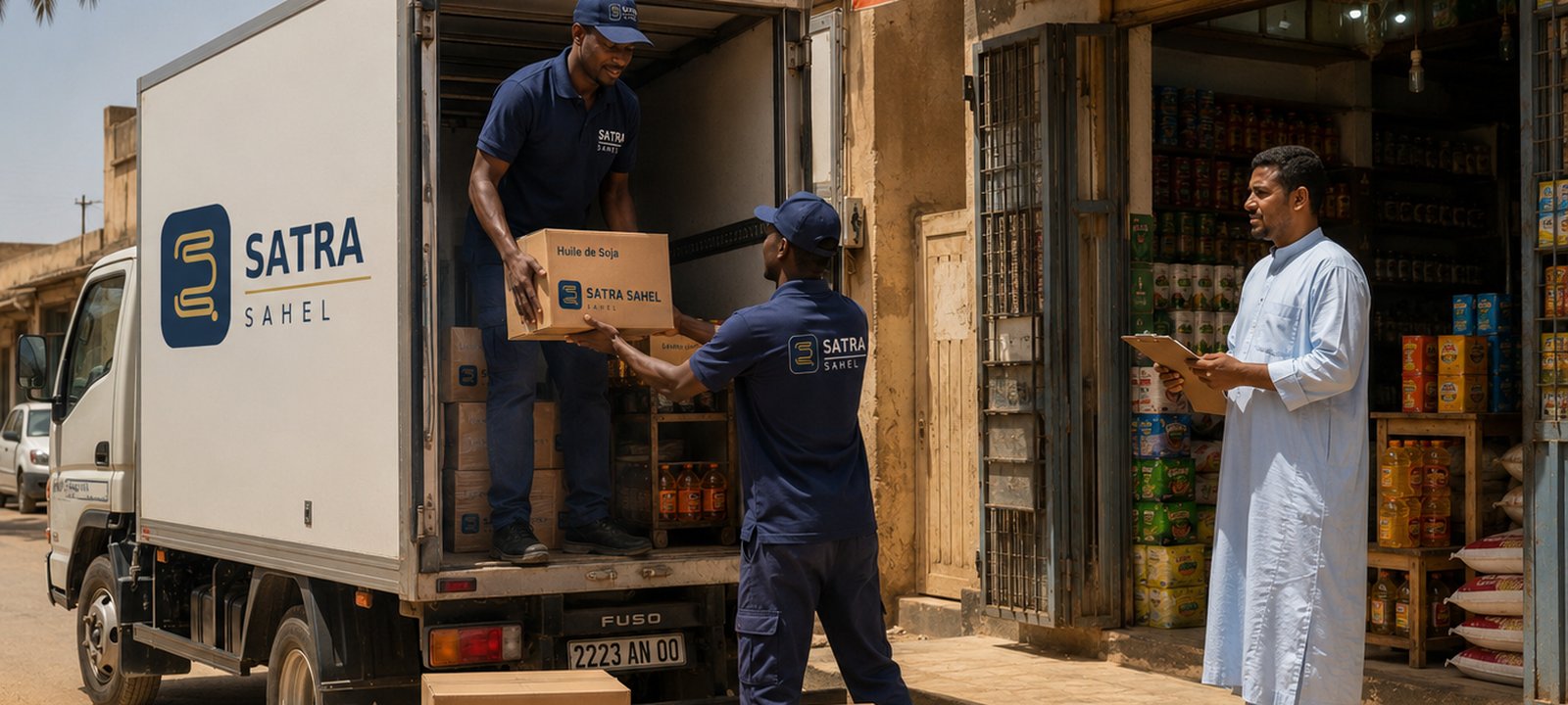 Équipe SATRA SAHEL livrant un commerce à Nouakchott
